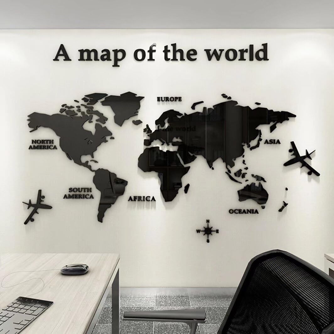 Shuanghao Adesivo Stickers Poster Murali Wall Decorazioni 3D Mirror Art Frasi Scritte Specchio Cartina Per Bambini,Soggiorno,TV Par,Ufficio Mappa del Mondo Adesivi Stickerdecal Murale Nero 180*100cm