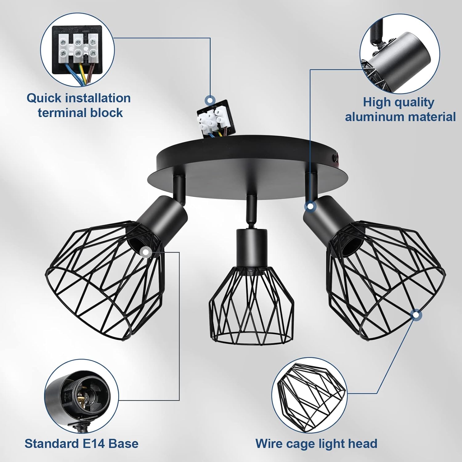 Kyotech Faretti da Soffitto Orientabili a 3 Luci E14, Nero - immagine 4