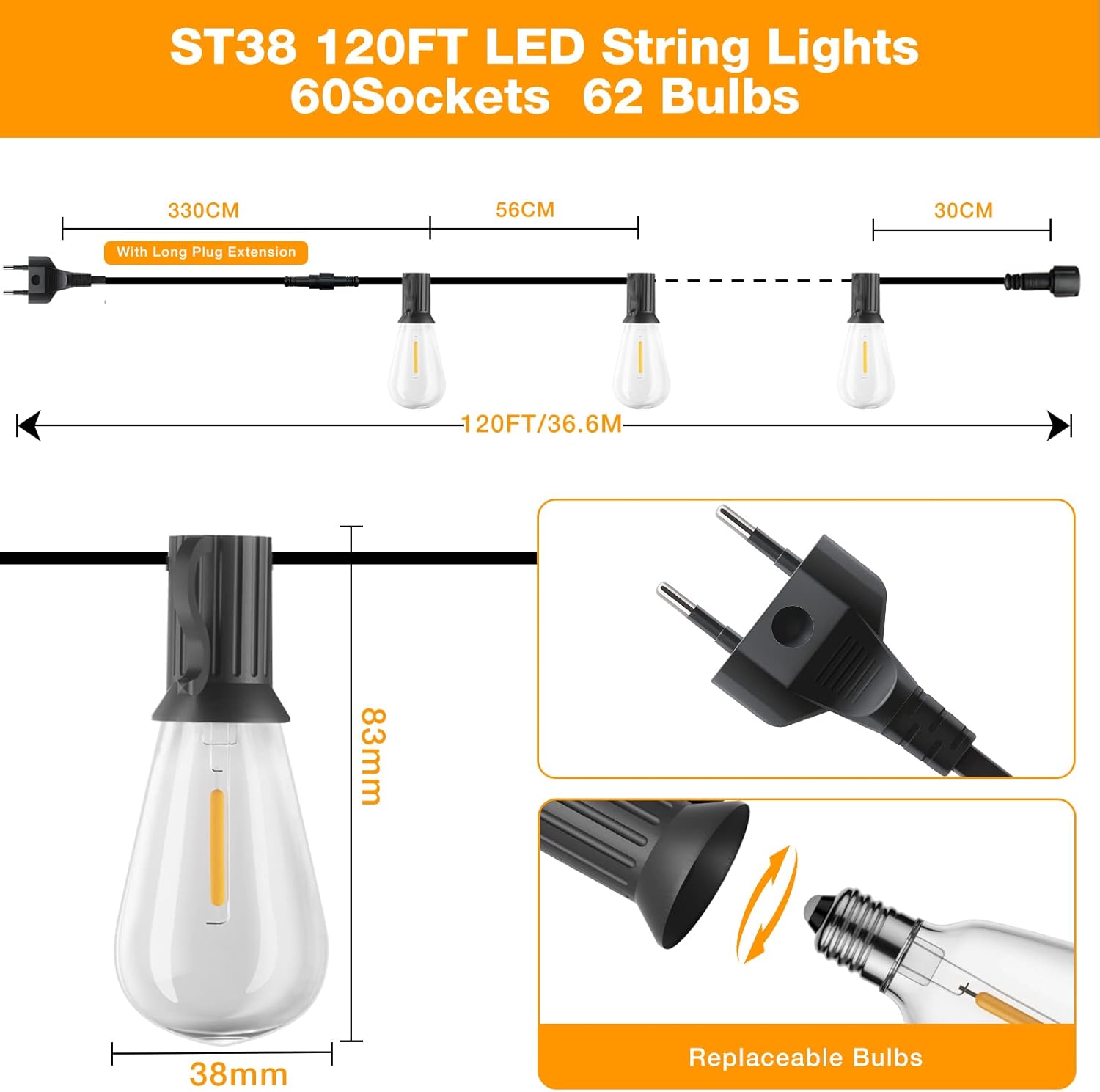 Gluroo Catena Luminosa Esterno 36.6M con 60+2 LED - immagine 6
