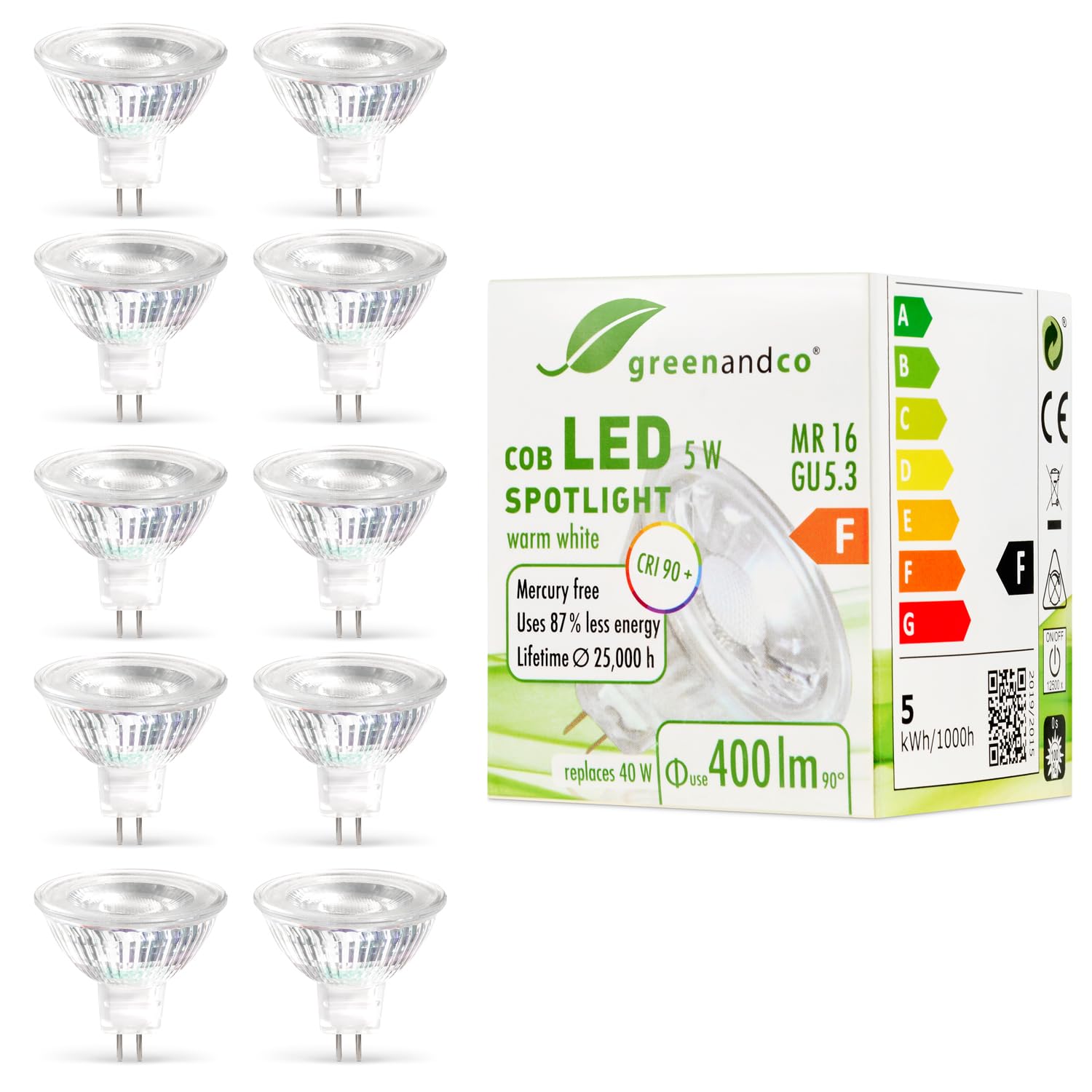 Greenandco 10x Faretto LED IRC 90+ MR16 GU5.3 5W