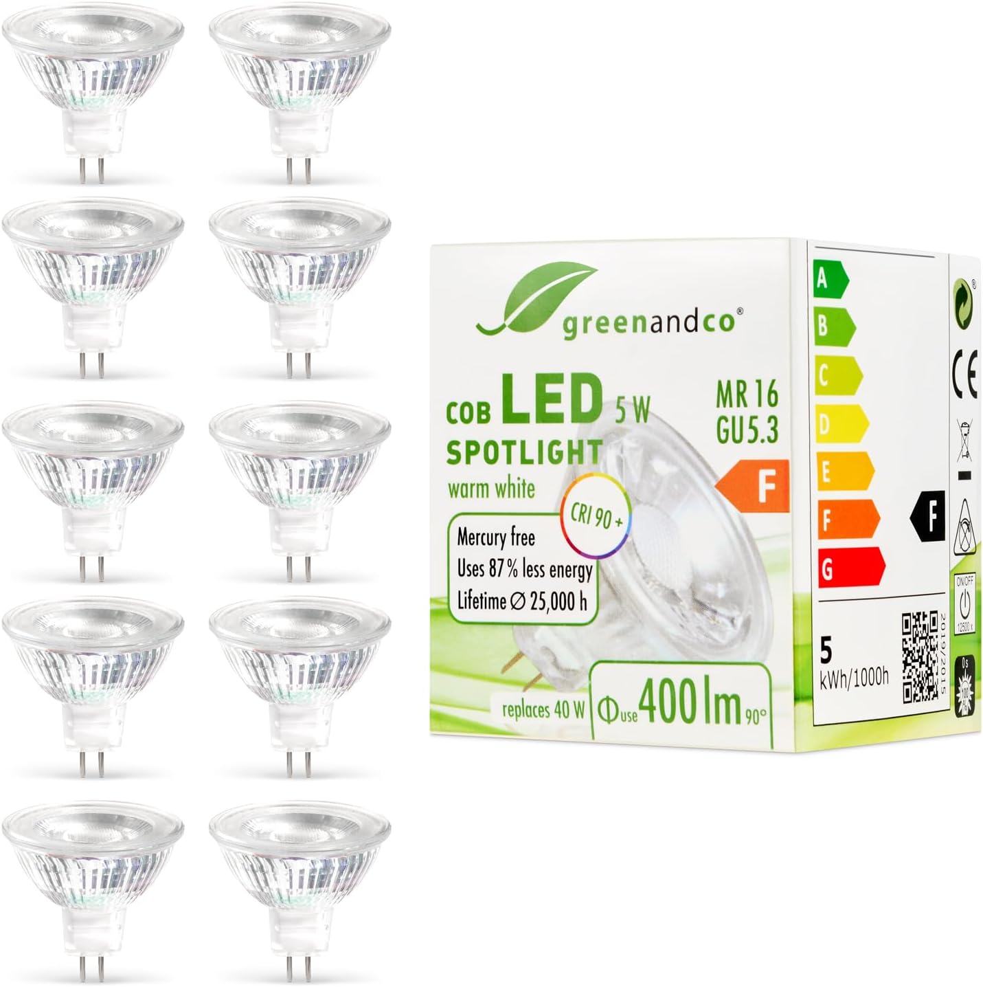 Greenandco 10x Faretto LED IRC 90+ MR16 GU5.3 5W - immagine 1