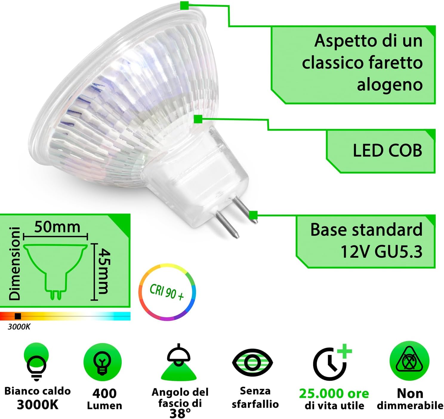 Greenandco 10x Faretto LED IRC 90+ MR16 GU5.3 5W - immagine 4