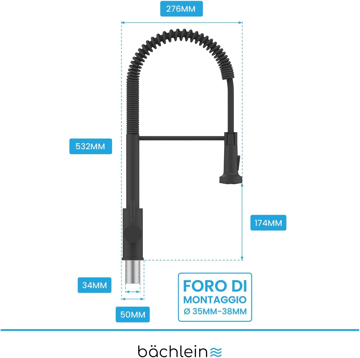 Bächlein Rubinetto Cucina Girevole 360° Nero Opaco - immagine 4