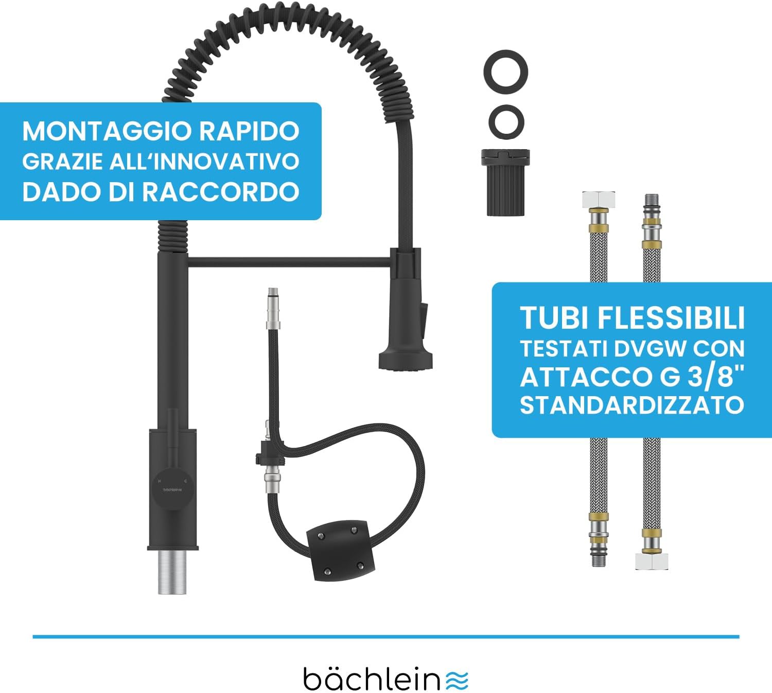 Bächlein Rubinetto Cucina Girevole 360° Nero Opaco - immagine 6