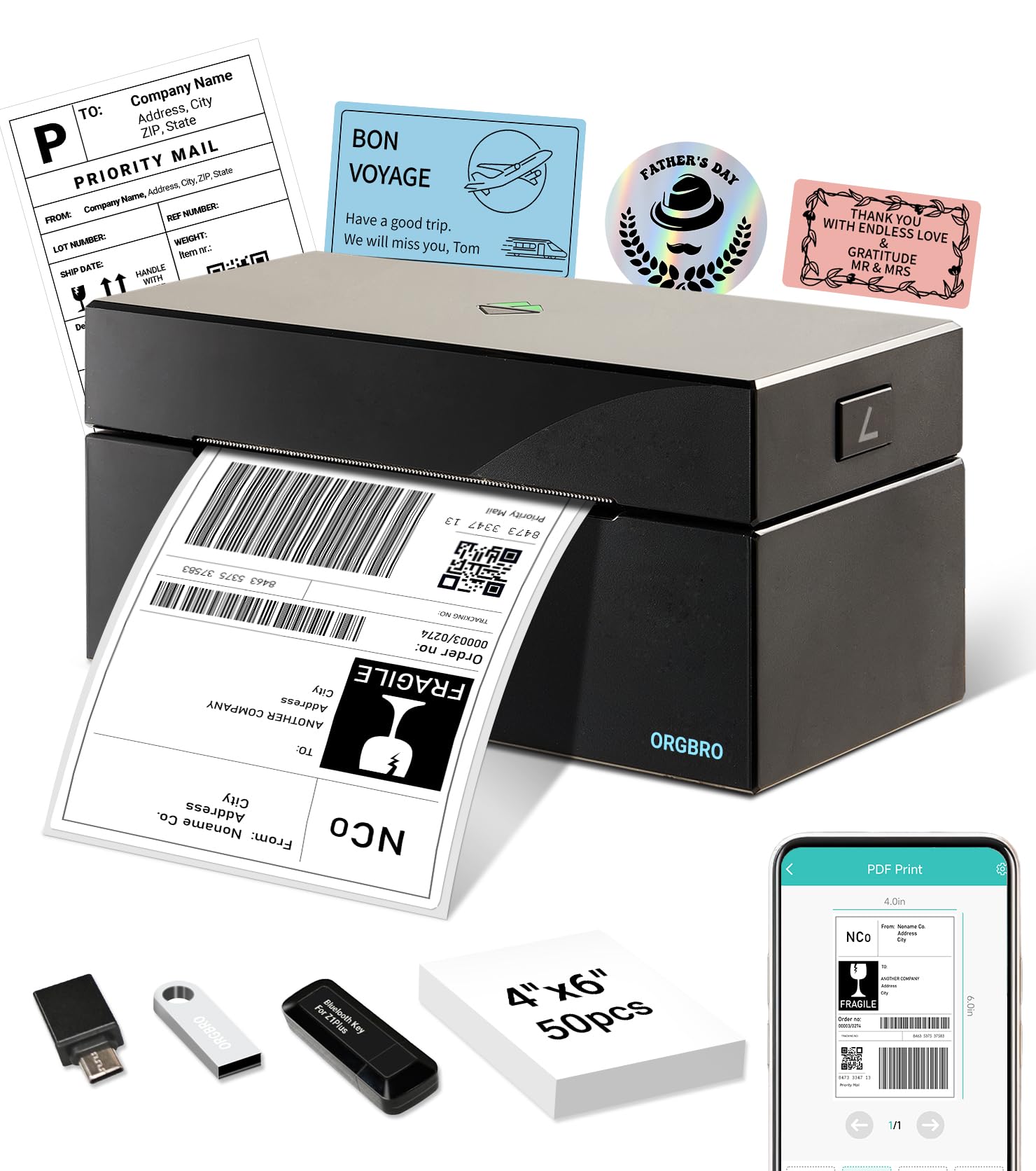 Orgbro Stampante Etichette Spedizione Z1 Plus Bluetooth 4x6, Nero