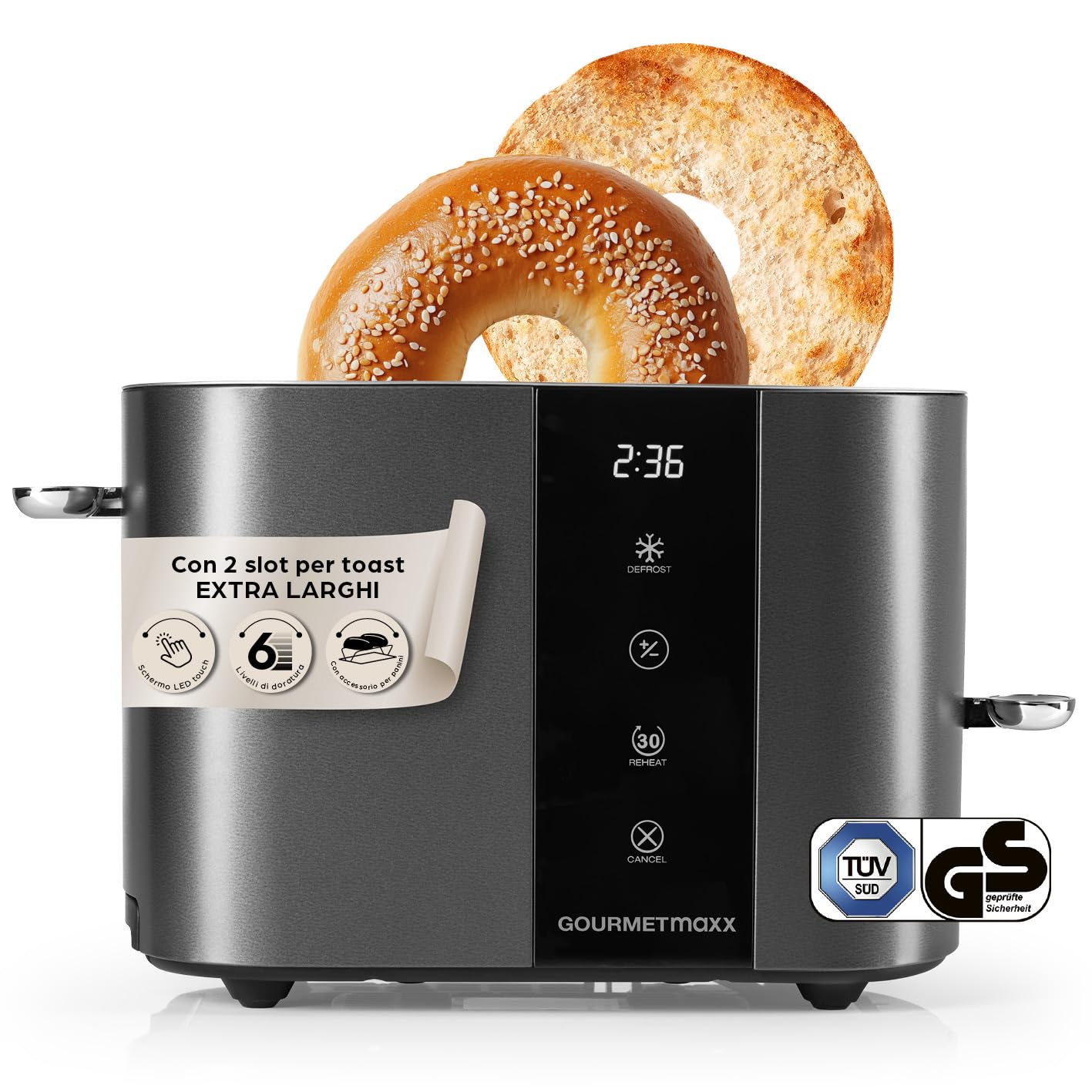 GOURMETmaxx Tostapane con fessura corta per 2 fette | Tostapane antracite con 6 gradi di doratura e conto alla rovescia pronto a 2 eat | Utensile da cucina elettrico con display touch, inserto per