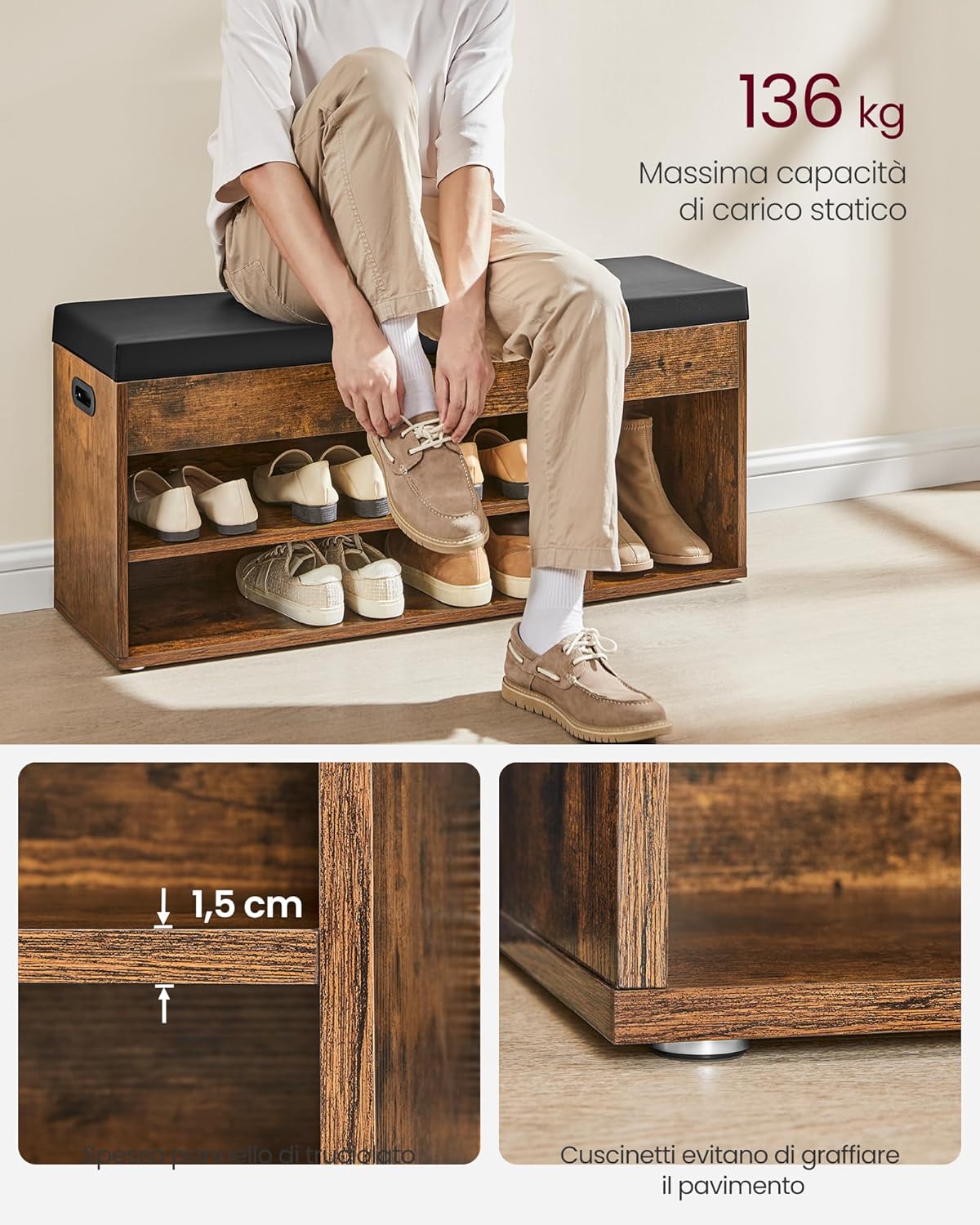 VASAGLE Scarpiera Panca Ingresso con Cuscino Imbottito - immagine 4