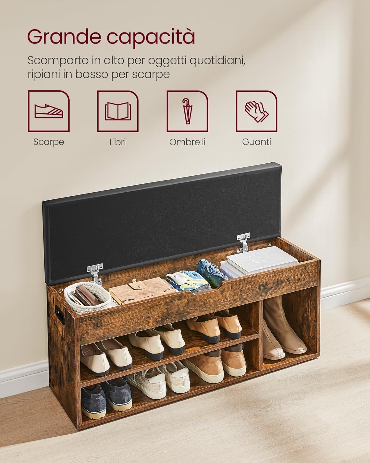 VASAGLE Scarpiera Panca Ingresso con Cuscino Imbottito - immagine 5