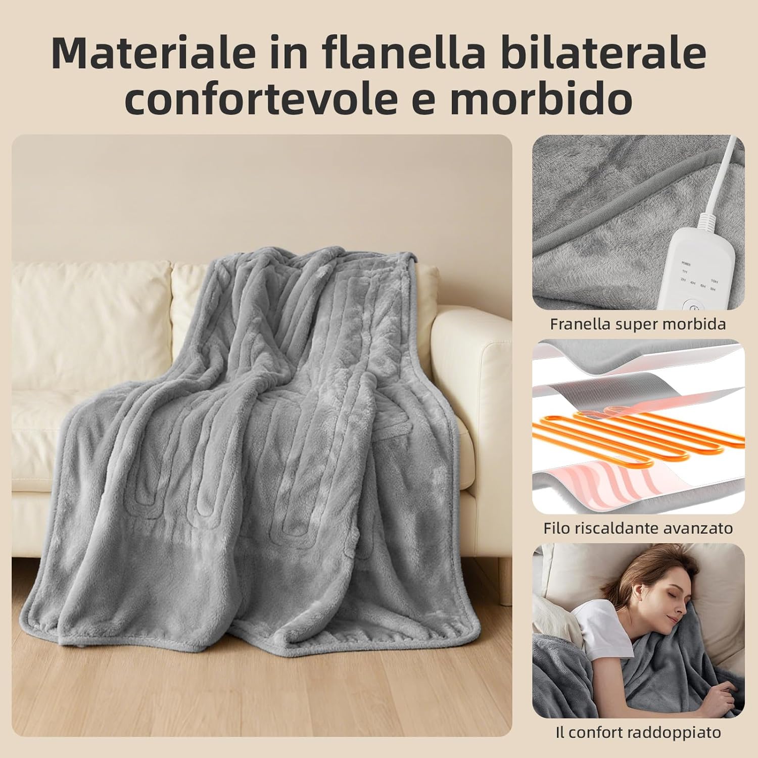 Coperta Elettrica Bifacciale Flanella 160x130cm - immagine 4