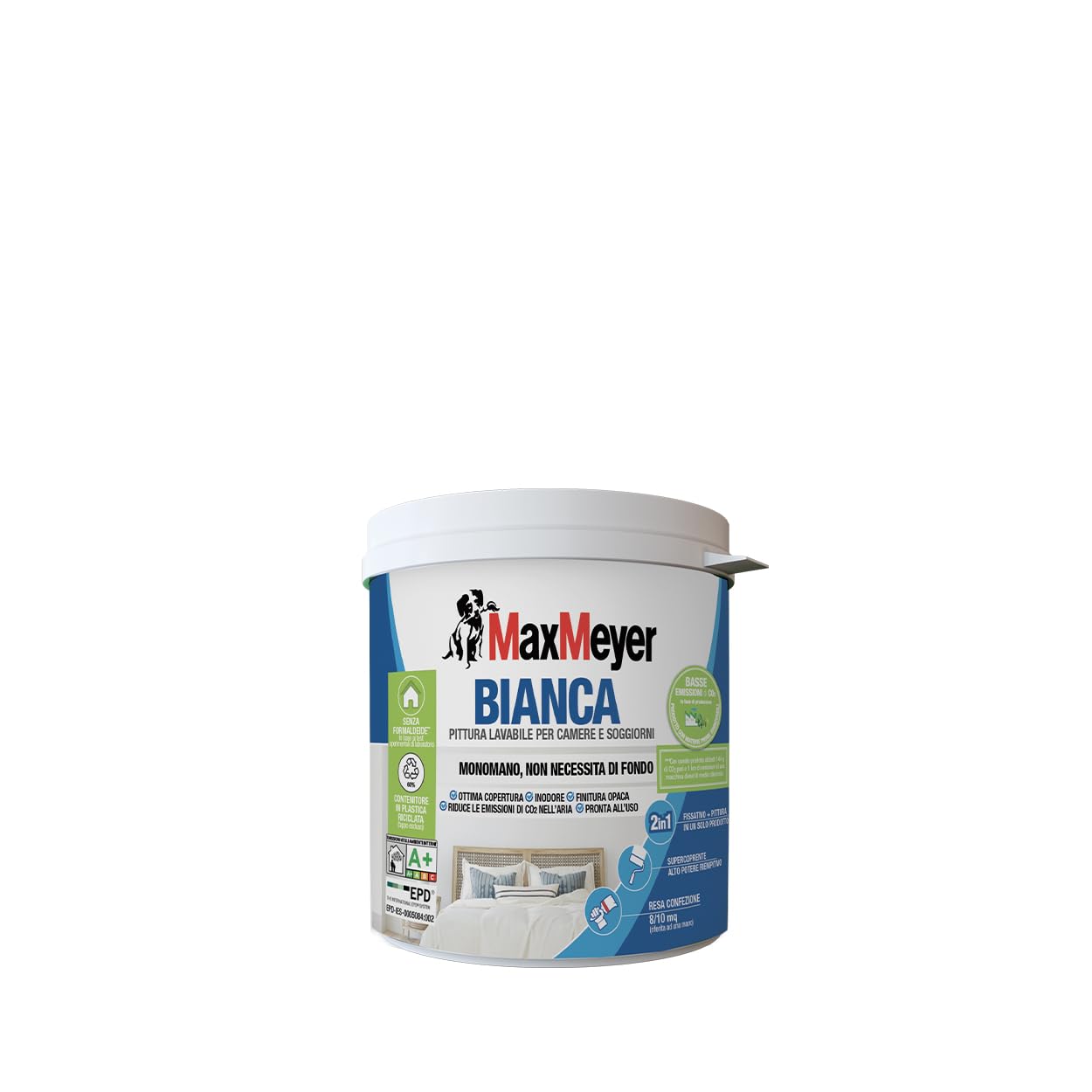 MAXMEYER Bianca Monomano BMB, Pittura per Interni Lavabile, 2 in 1 Fissativo e Pittura, Ottima Copertura, Finitura Opaca, Bianco, 0,75 Litri