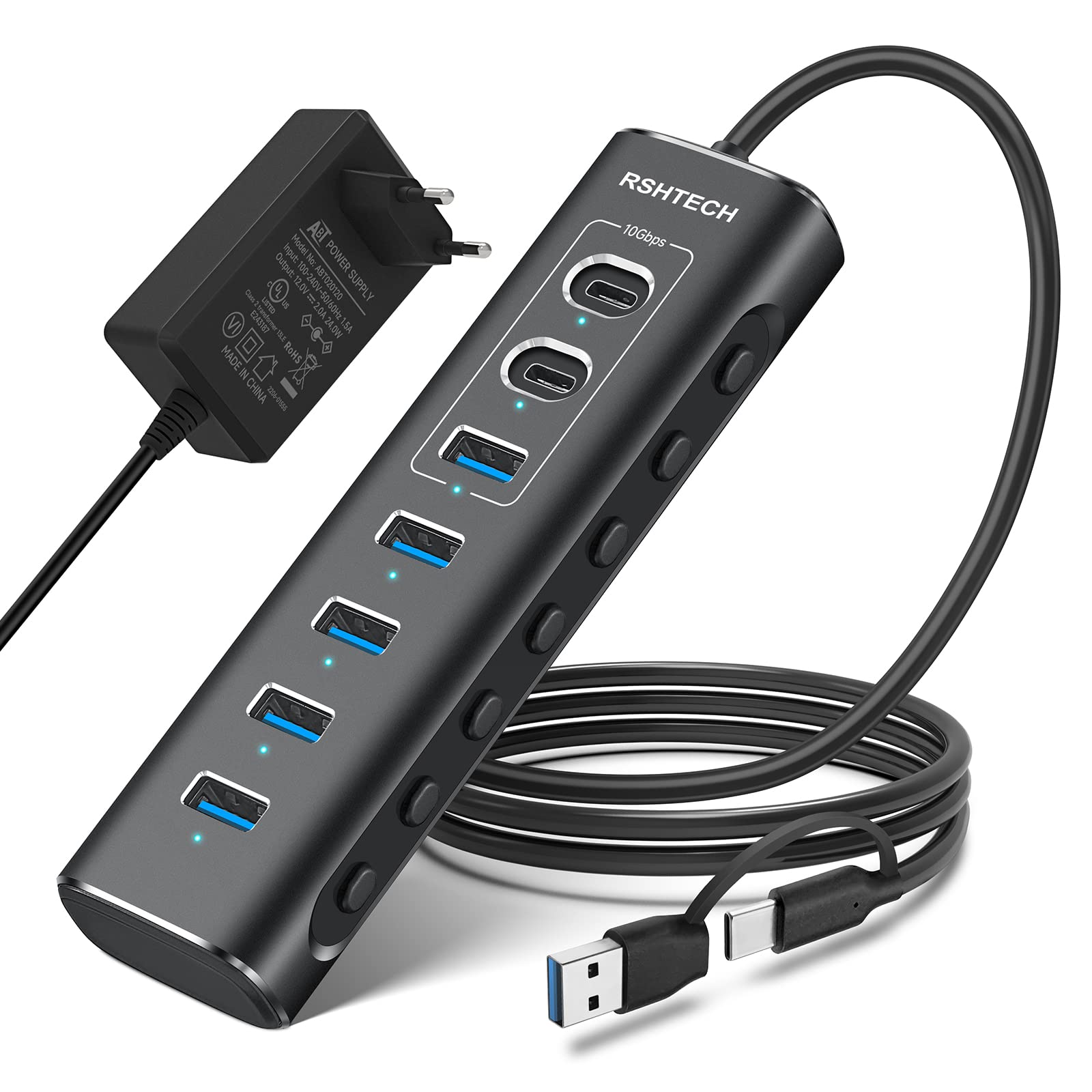 Rshtech Hub USB Alimentato 7 Porte 10Gbps