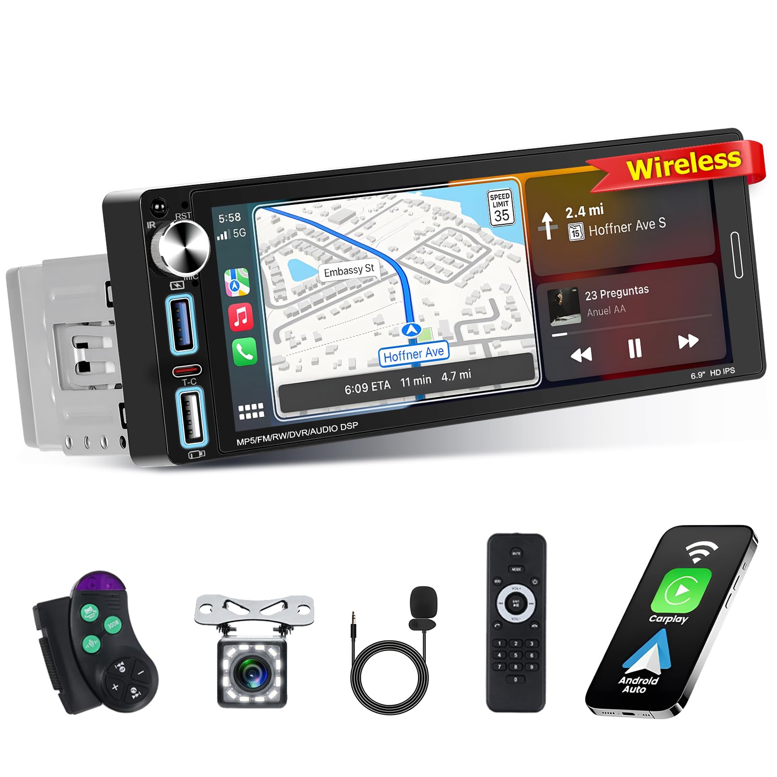 Inefala Autoradio Carplay 1 Din Wireless Android Auto 6,9"