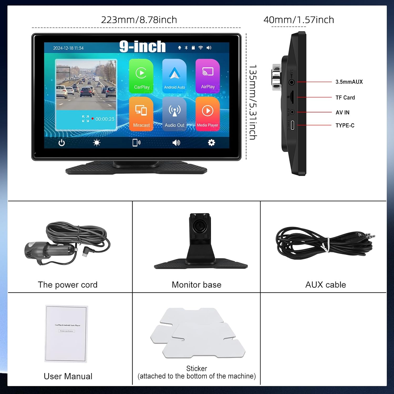 Sixwin Autoradio Portatile 9" Wireless CarPlay Android Auto - immagine 2