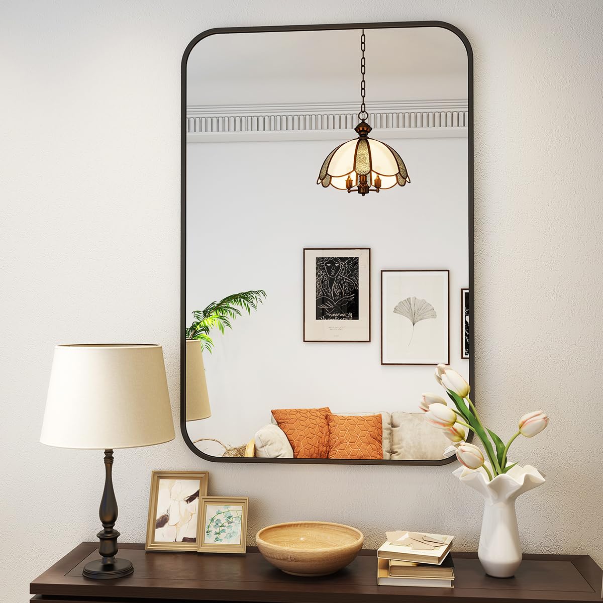 Koonmi Specchio da Parete Nero 61x91 cm con Angolo Tondo