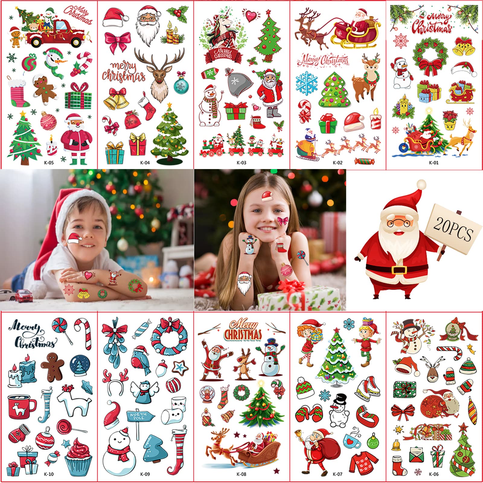 20 Fogli Tatuaggi Temporanei Natalizi per Bambini