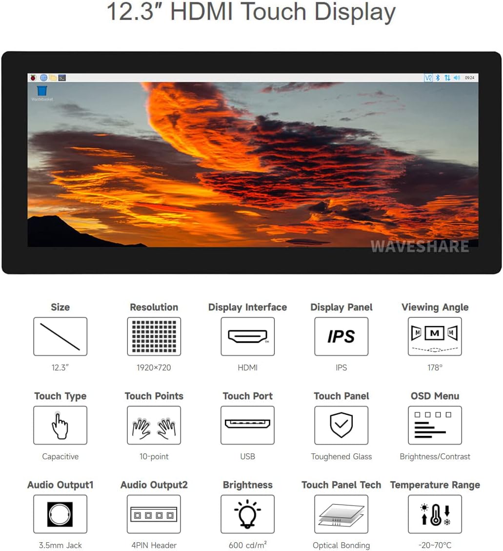 Waveshare 12.3" Touch Screen LCD HDMI IPS 1920x720 - immagine 3