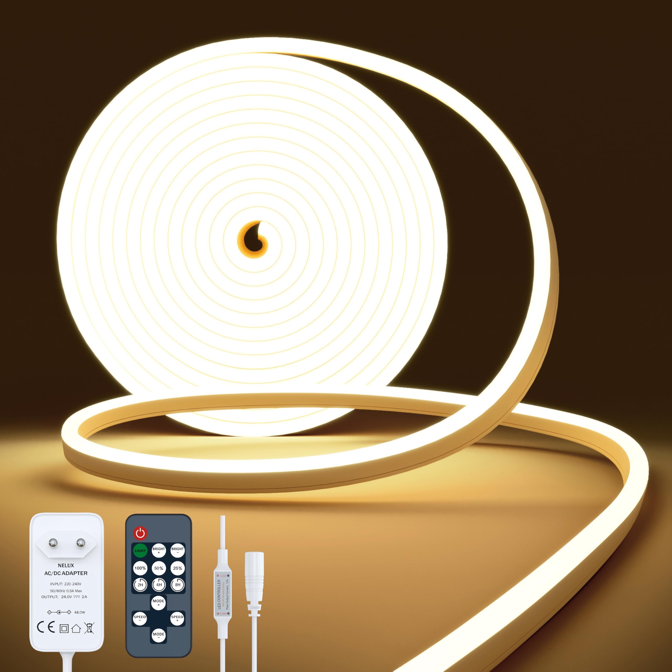 Striscia LED Neon 5 Metri IP65 Bianco Caldo 2700K | Nelux | Velz