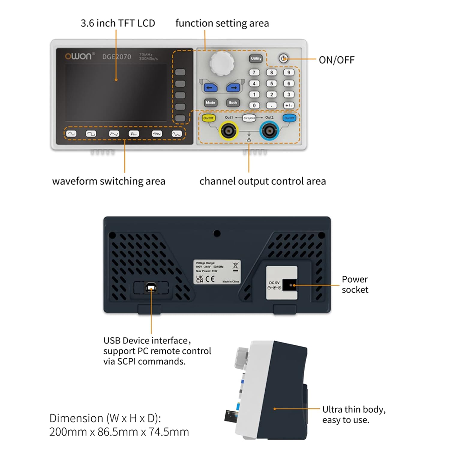 OWON DGE2070 Arbitrary Waveform Generator AWG 2CH 70MHz - immagine 2