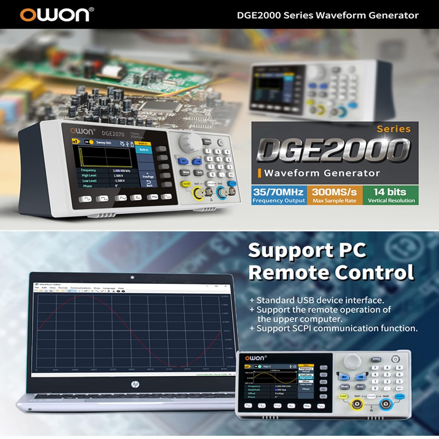 OWON DGE2070 Arbitrary Waveform Generator AWG 2CH 70MHz - immagine 3