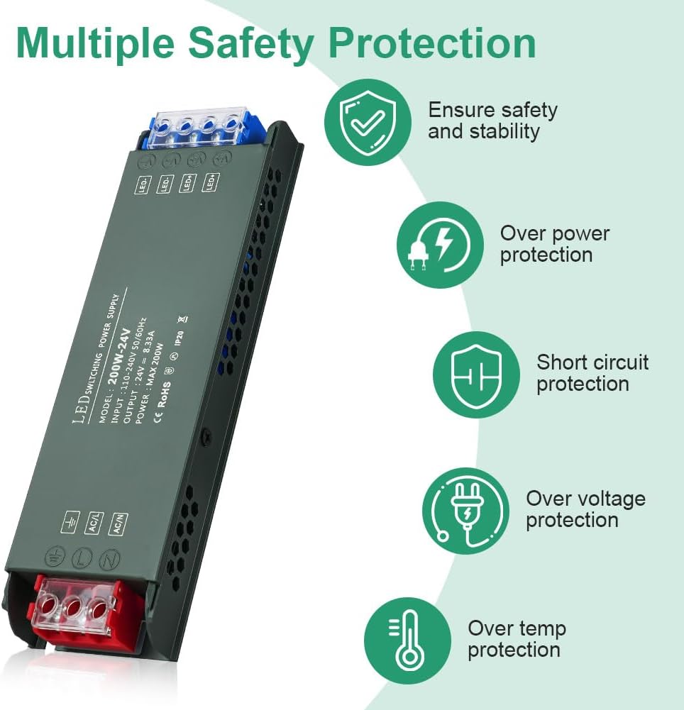 Uraqt Trasformatore LED Ultra Sottile 220V a 24V 200W - immagine 5