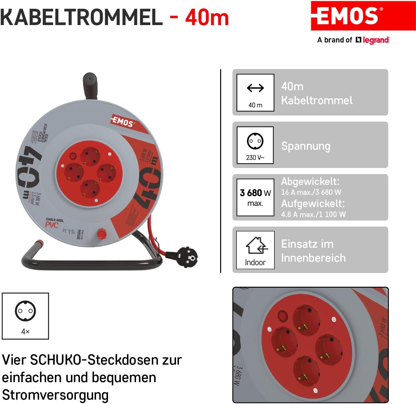 Emos - Avvolgicavo 40m con 4 Prese Schuko - immagine 2