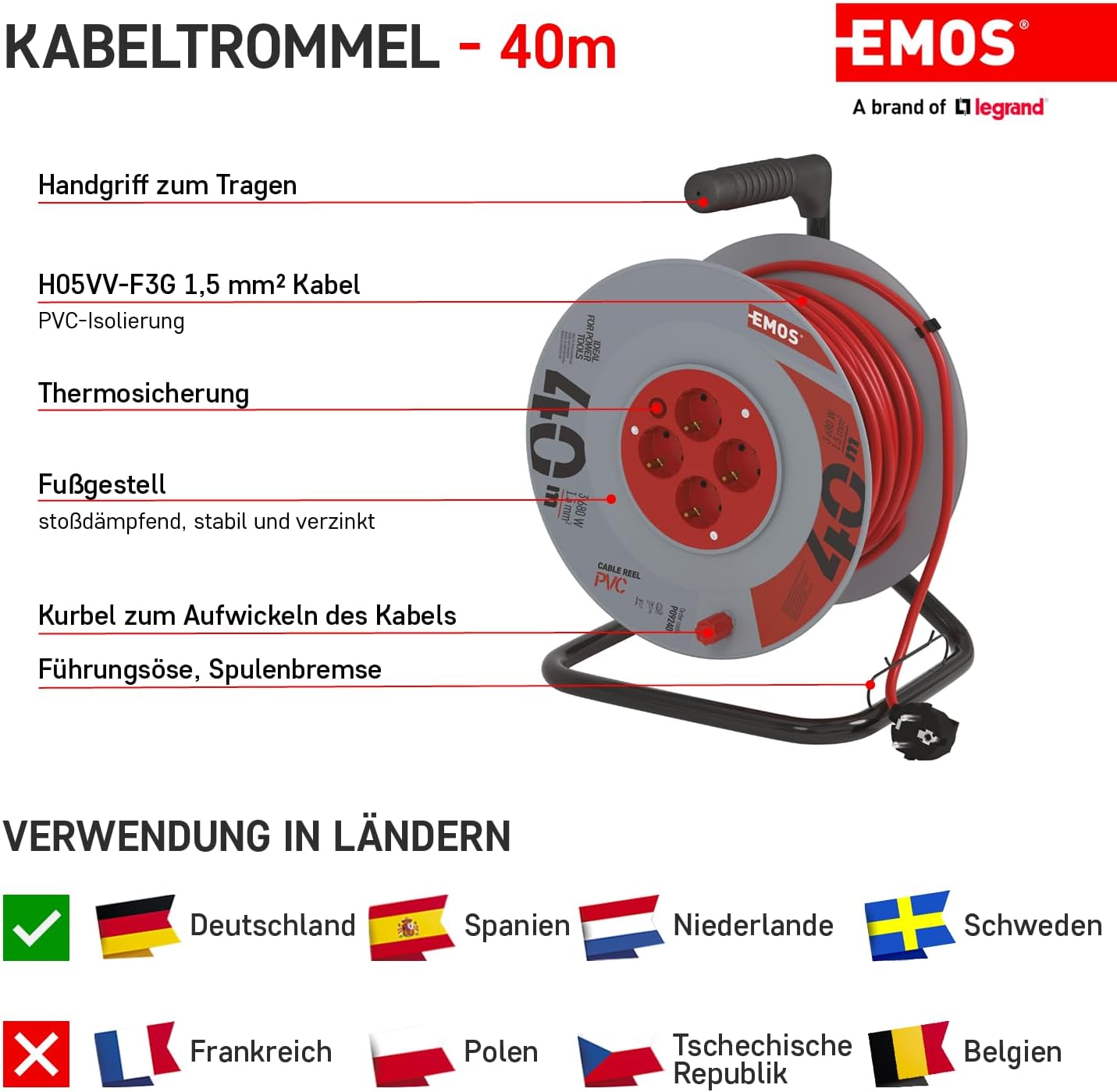 Emos - Avvolgicavo 40m con 4 Prese Schuko - immagine 3