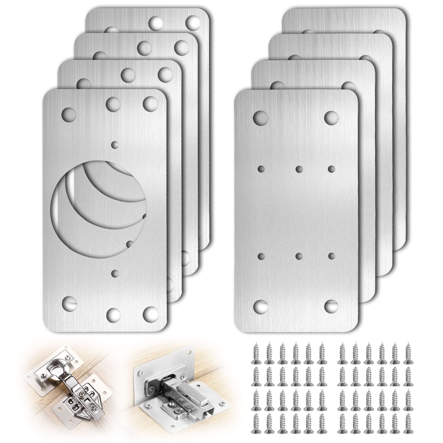 Piastra Riparazione Cerniera Ante Inox con 48 Viti, 8 Pezzi