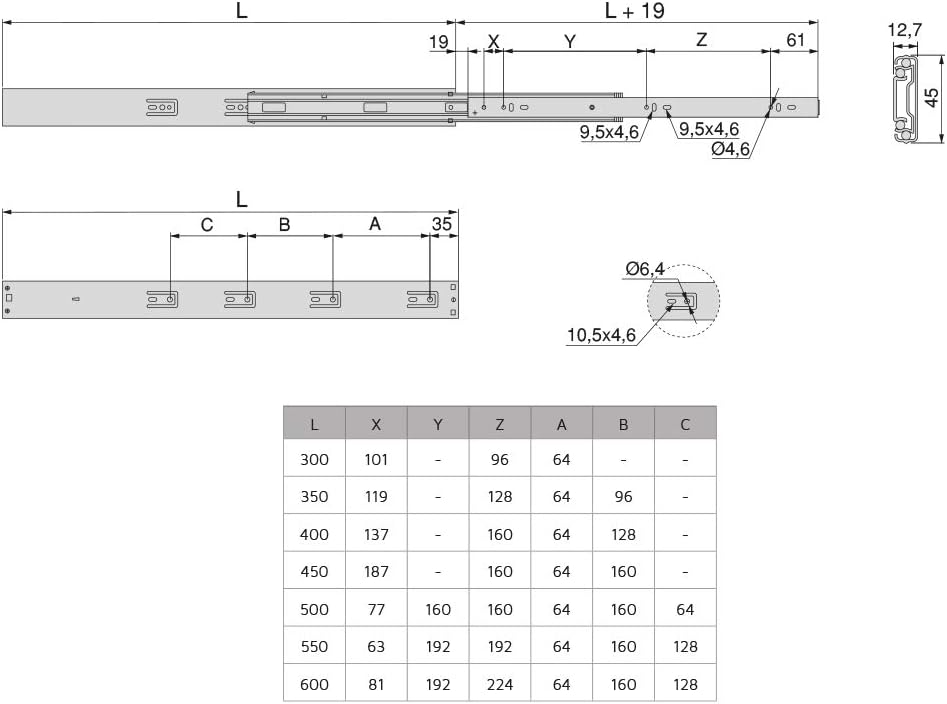 Emuca Kit Guide per Cassetti 45x600mm, Zincato (Set 5) - immagine 2