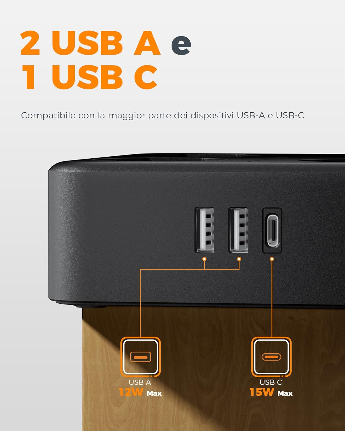 TESSAN Ciabatta Multipresa con USB C e 4 Schuko, Nero - immagine 3