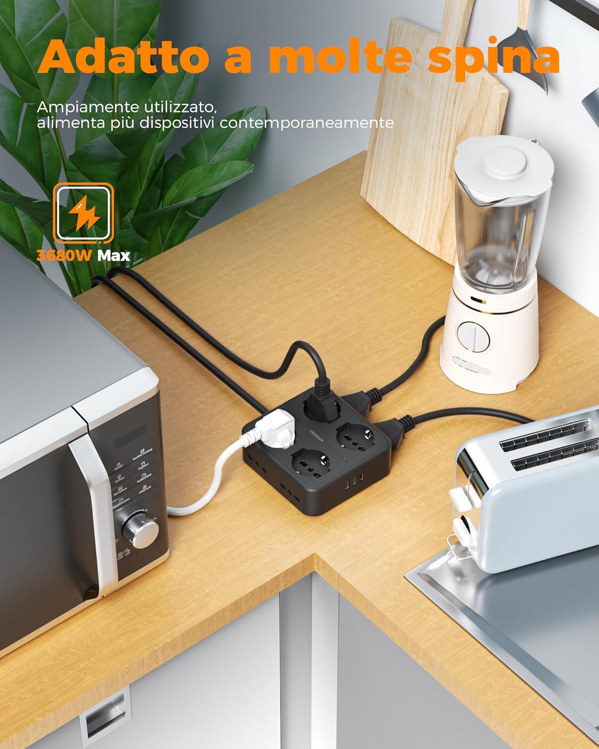 TESSAN Ciabatta Multipresa con USB C e 4 Schuko, Nero - immagine 4