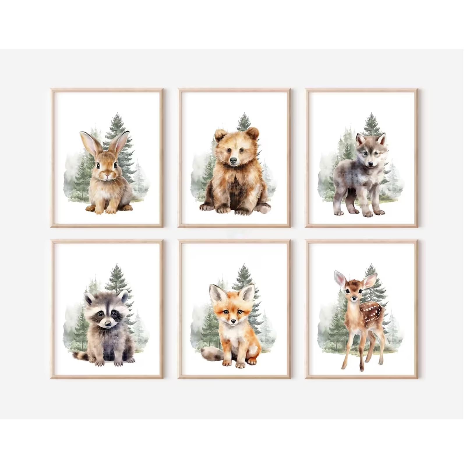 Set di 6 decorazioni artistiche da parete per cameretta dei bambini, motivo: animali del bosco, stampe artistiche per bambini, stampe artistiche ad acquerello, orso, cervo, volpe, opere d'arte per