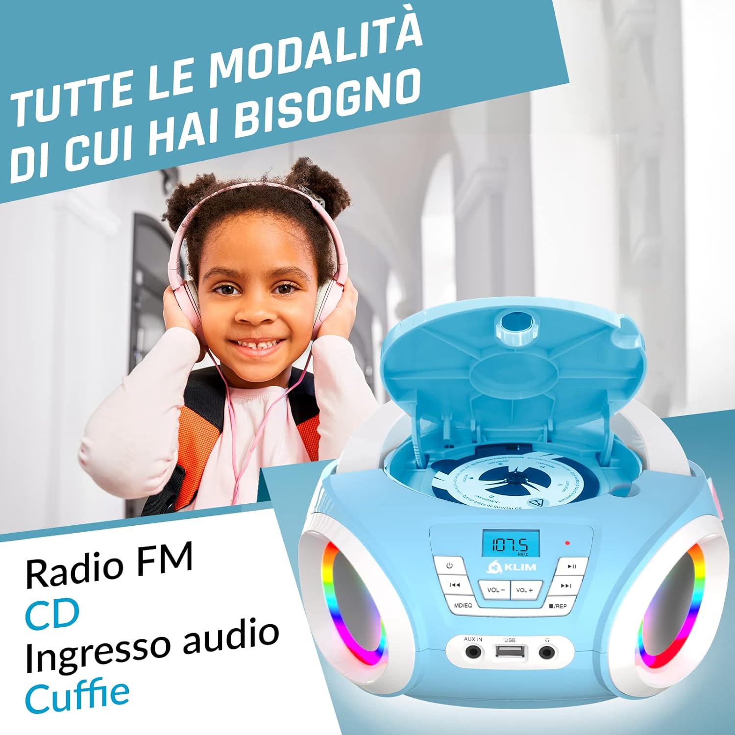 Klim Candy - Stereo per Bambini con Radio FM e CD, Blu - immagine 3