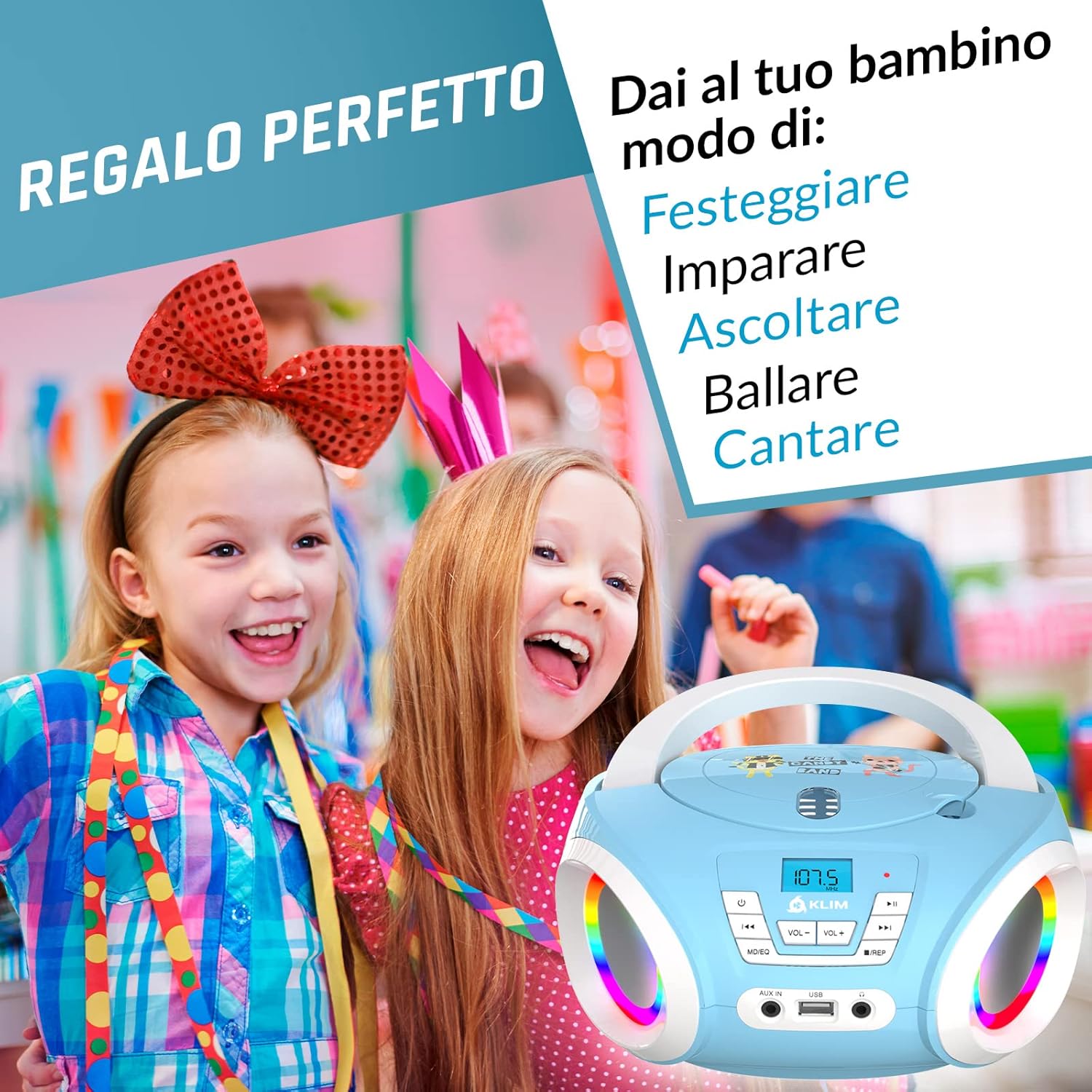 Klim Candy - Stereo per Bambini con Radio FM e CD, Blu - immagine 6