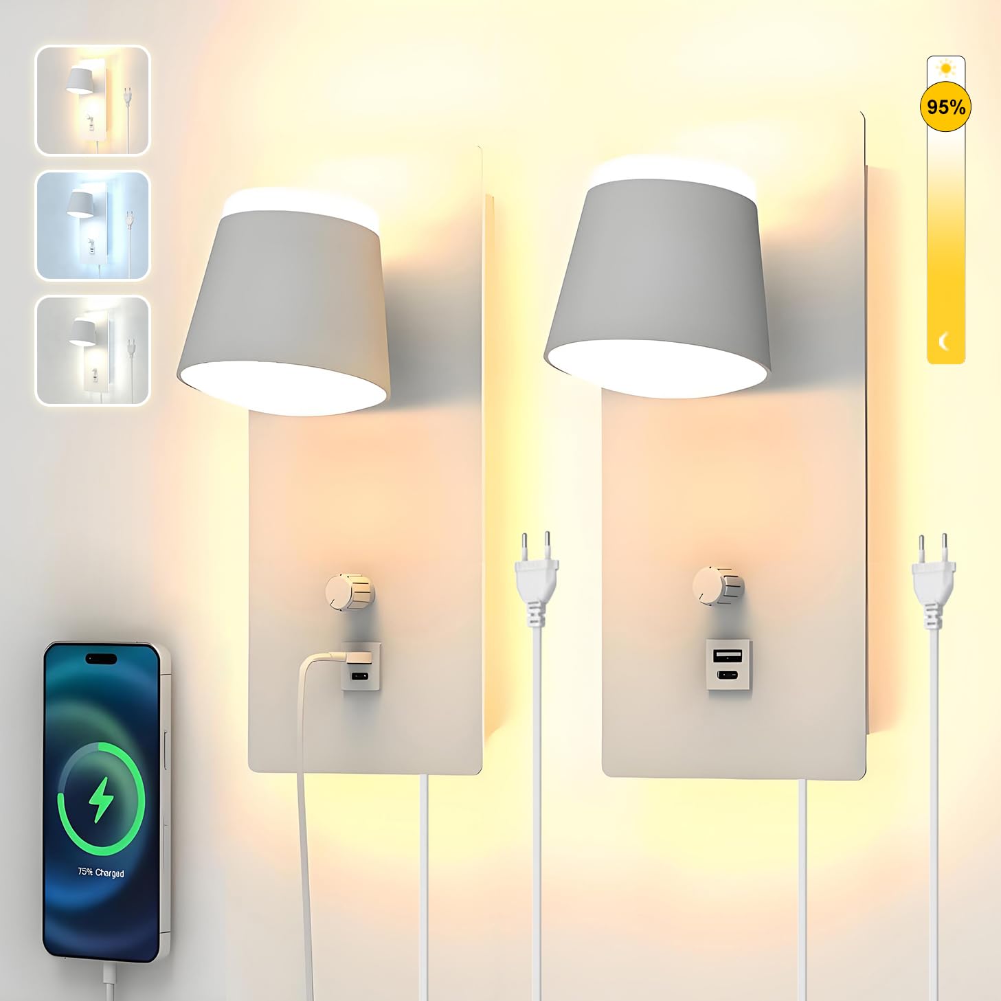 Sytmhoe 2 Lampade da Parete Dimmerabili con USB-C, Bianco