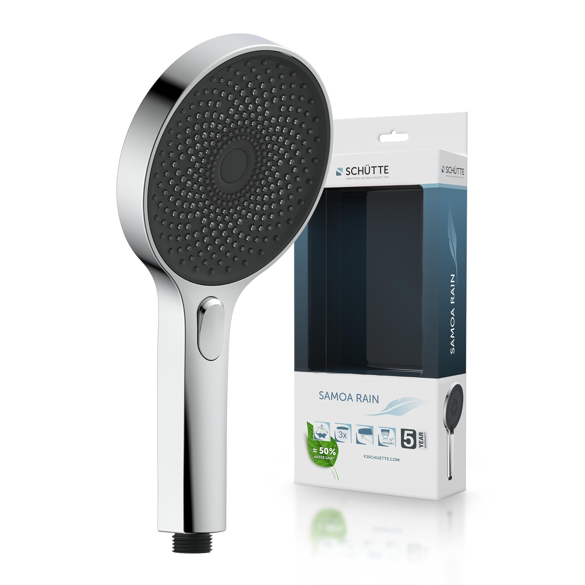 SCHÜTTE Doccetta SAMOA RAIN | Tecnologia a getto di velluto | Soffione doccia con oltre 300 ugelli | 3 tipi di getto regolabili | Soffione doccia anticalcare per la doccia | Cromo