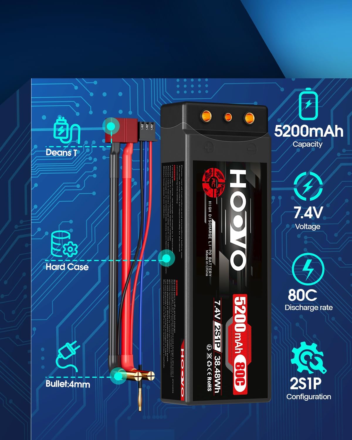 Hoovo Batteria 2S LiPo 7,4V 5200mAh RC (2 confezioni) - immagine 2