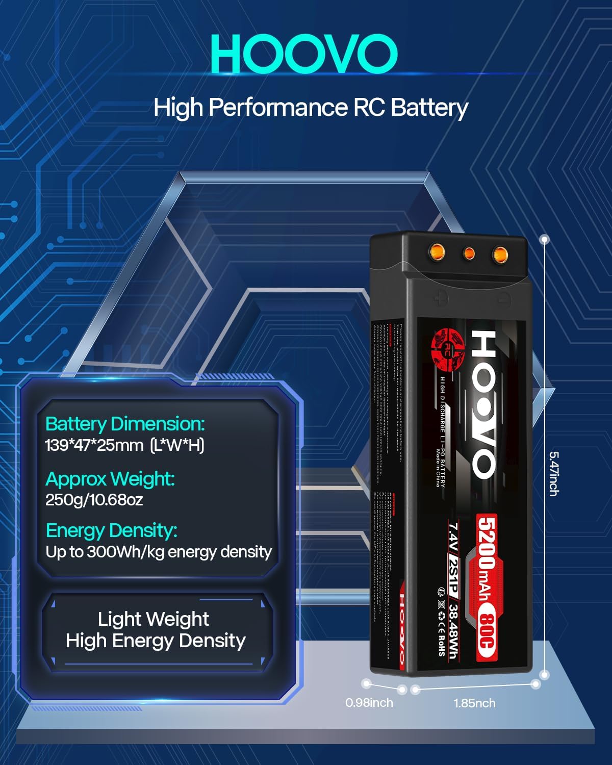 Hoovo Batteria 2S LiPo 7,4V 5200mAh RC (2 confezioni) - immagine 3