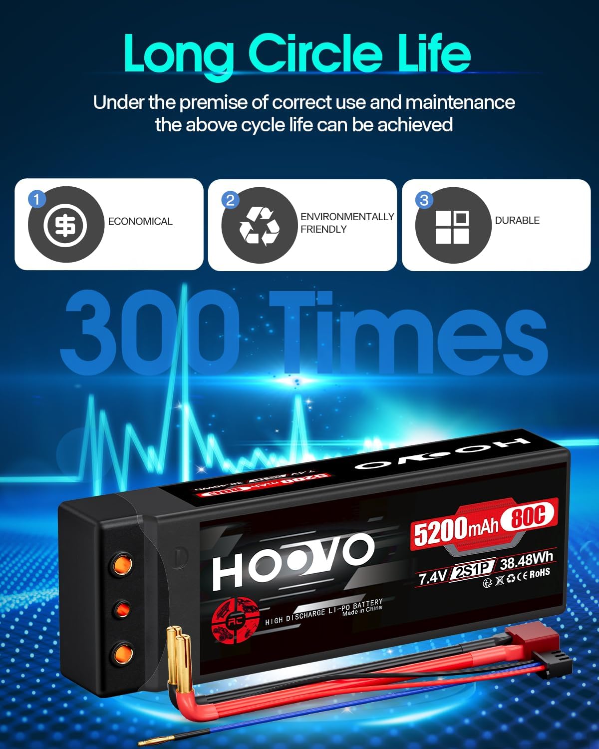 Hoovo Batteria 2S LiPo 7,4V 5200mAh RC (2 confezioni) - immagine 5