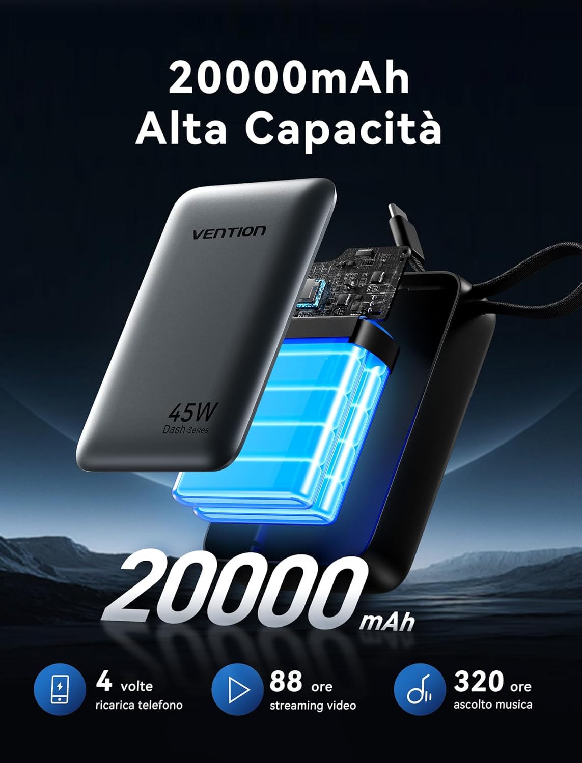 Vention Mini Power Bank 45W 20000mAh con Cavo USB-C - immagine 3