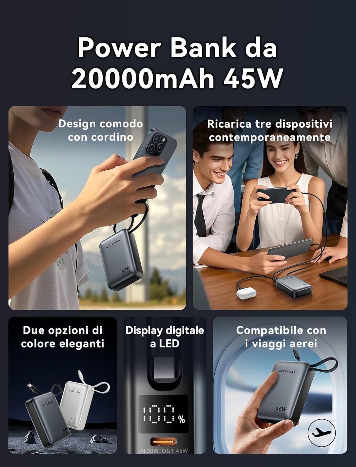 Vention Mini Power Bank 45W 20000mAh con Cavo USB-C - immagine 4