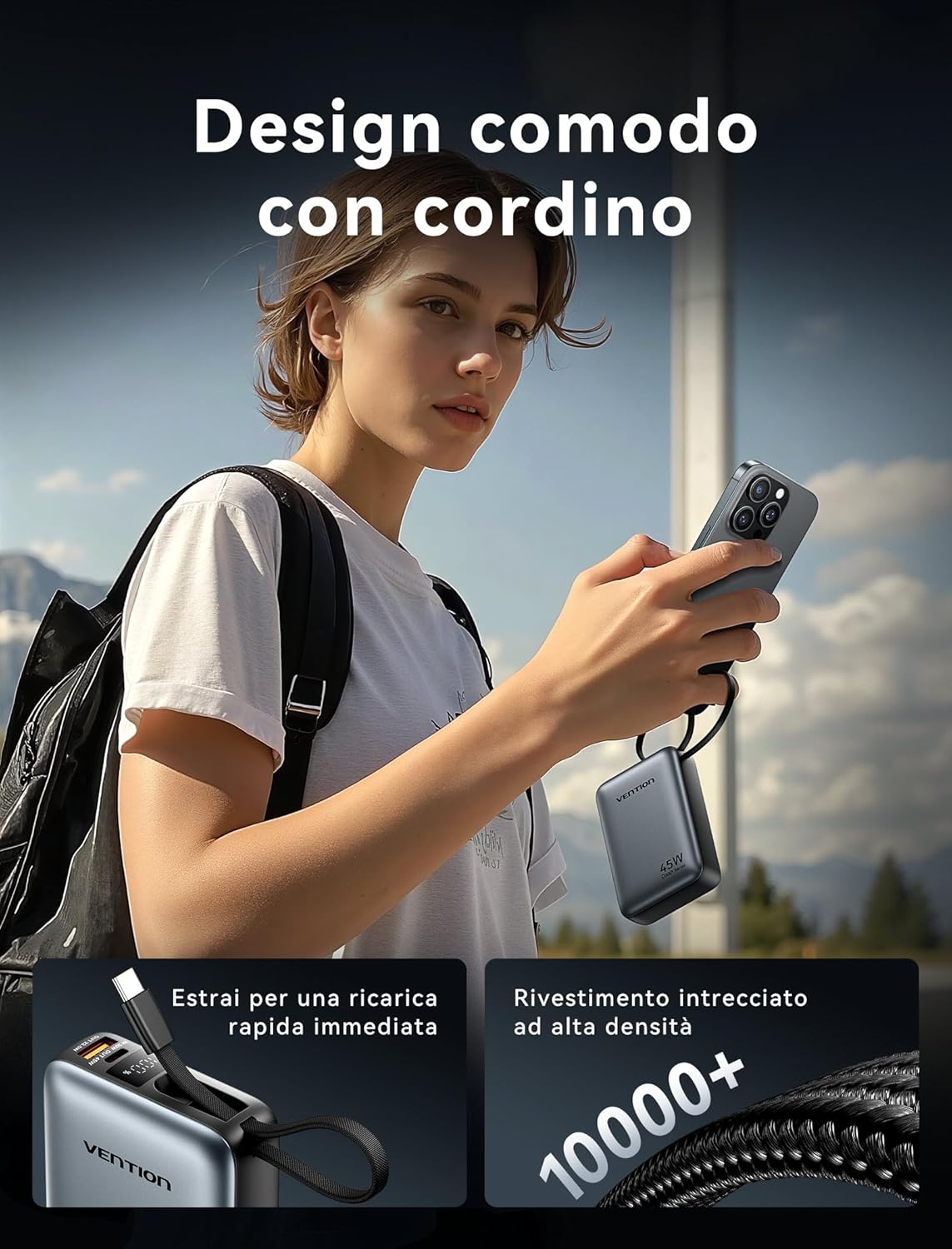Vention Mini Power Bank 45W 20000mAh con Cavo USB-C - immagine 5