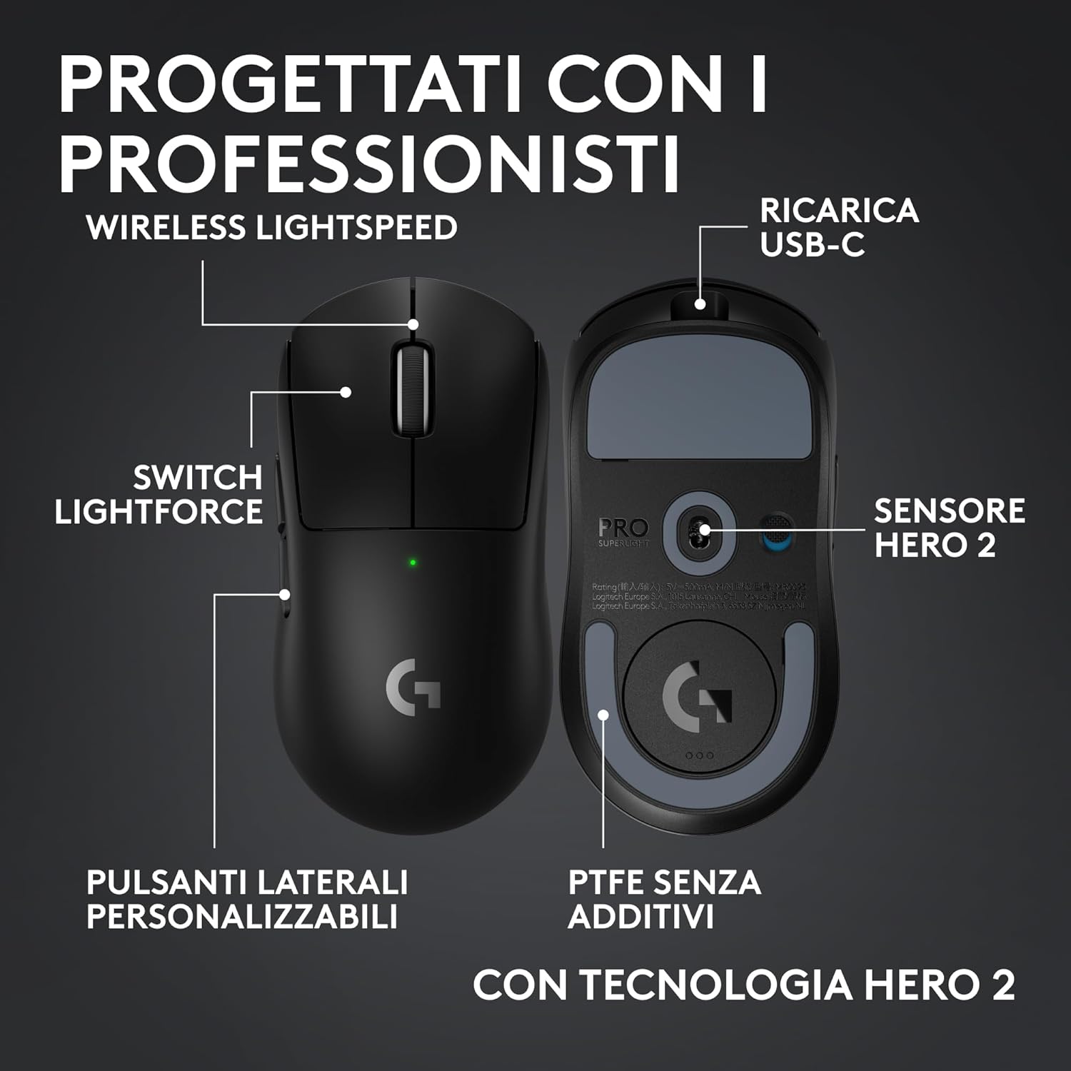 Logitech G PRO X SUPERLIGHT 2c - Mouse Gaming Wireless, Nero - immagine 6