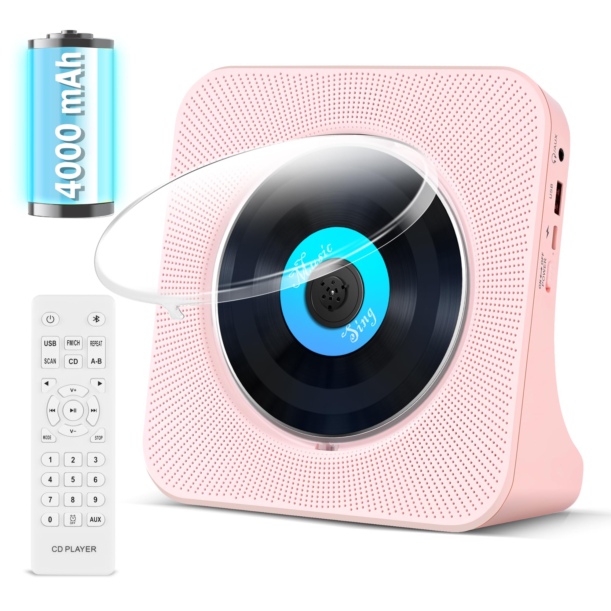 Lettore CD Portatile Bluetooth 4000mAh, Rosa