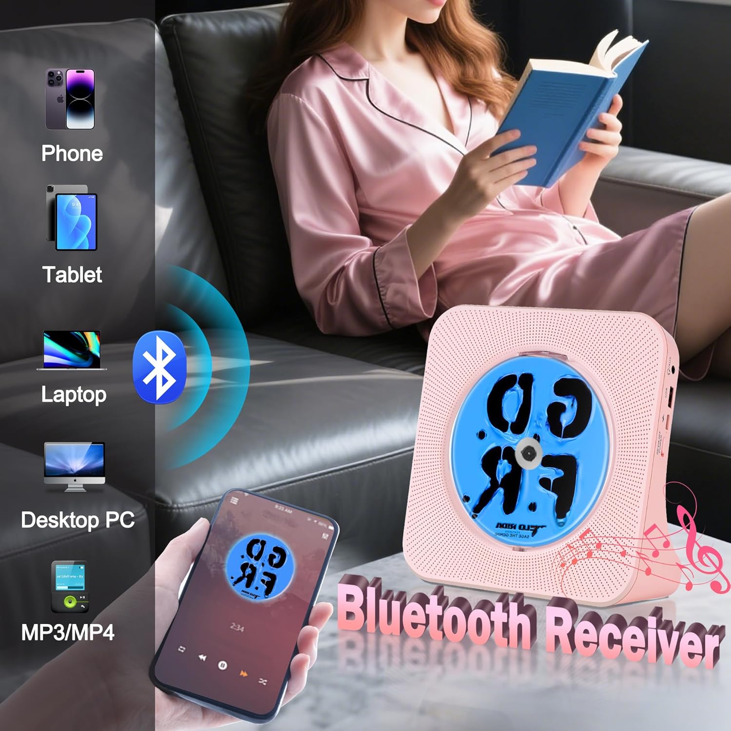 Lettore CD Portatile Bluetooth 4000mAh, Rosa - immagine 2