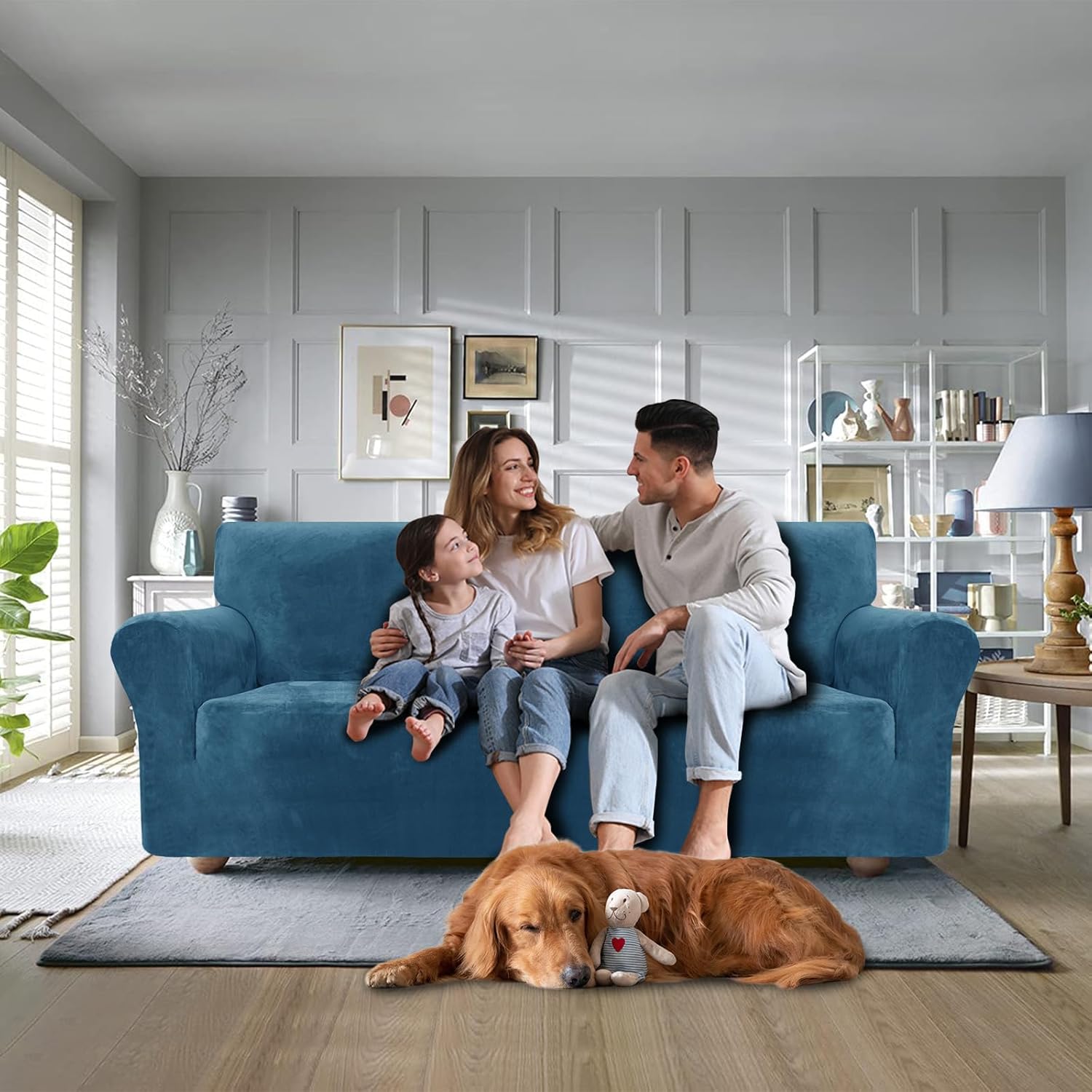 CYCMACO Copridivano Velluto Spesso 4 Posti, Blu Pavone - immagine 2