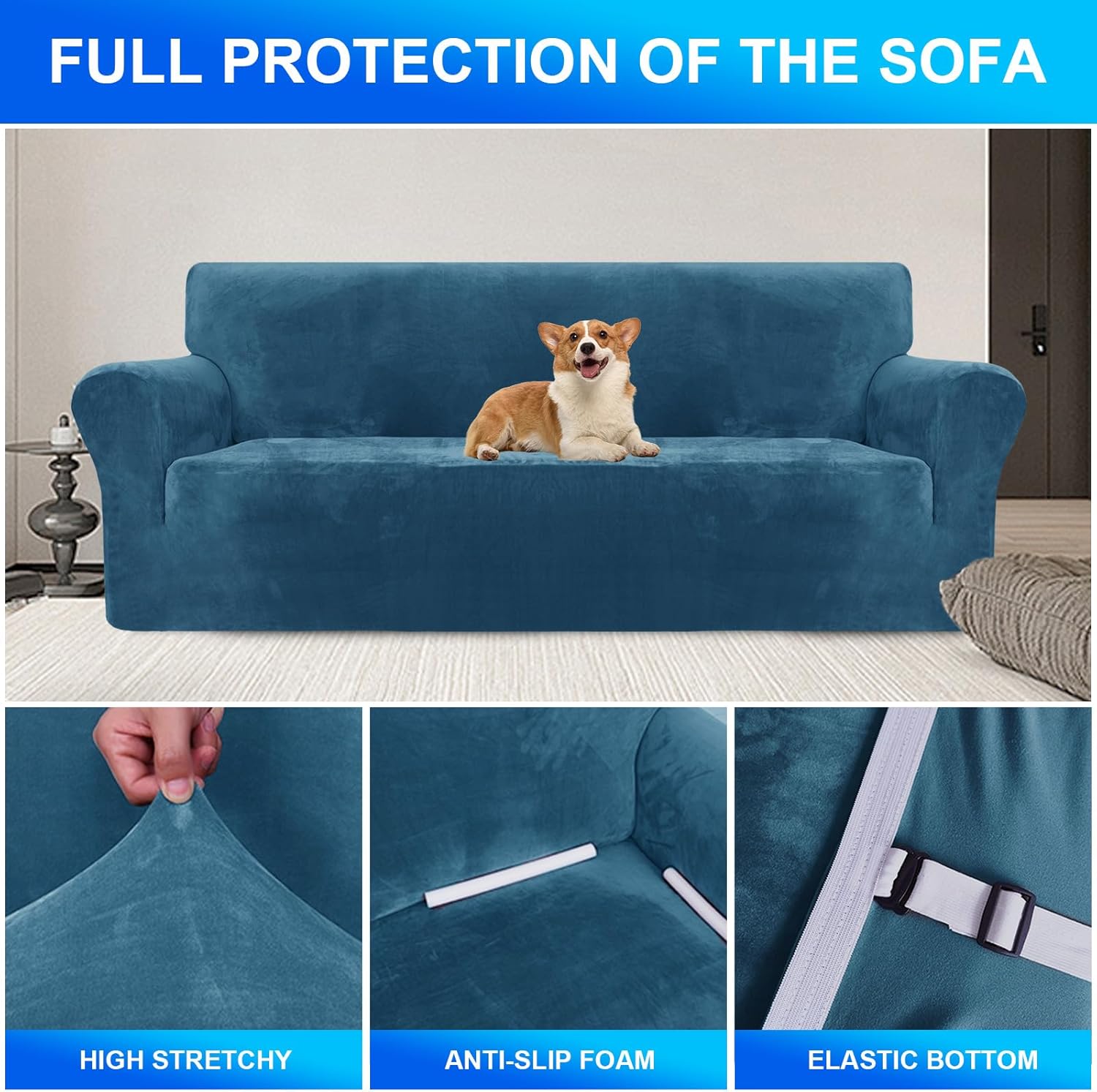 CYCMACO Copridivano Velluto Spesso 4 Posti, Blu Pavone - immagine 4