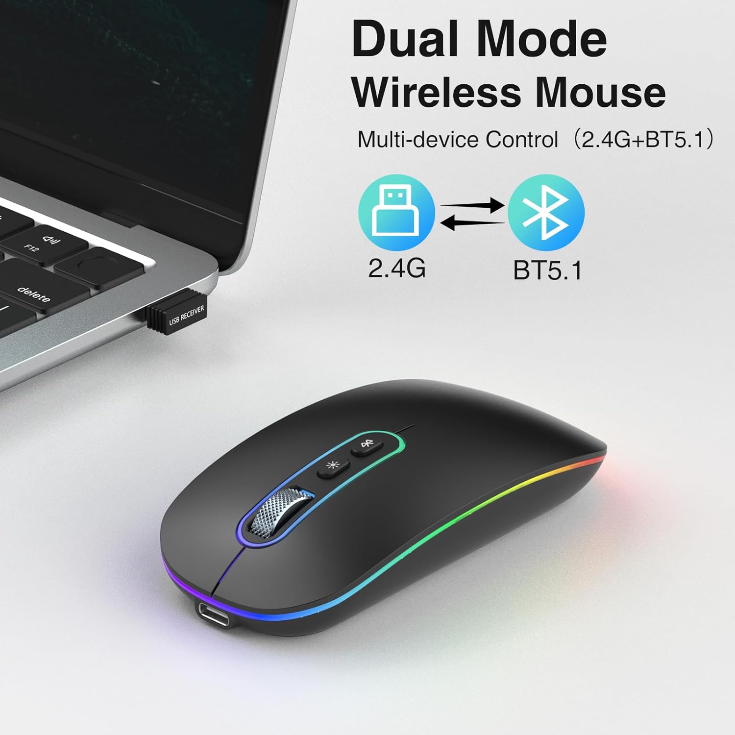 Cimetech Mouse Wireless Ricaricabile 2.4G e Bluetooth, Nero - immagine 2