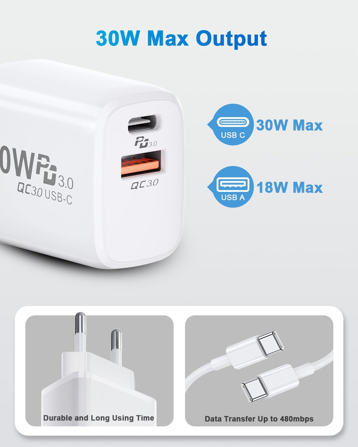 Caricatore USB C 30W PD&QC3.0 con Cavo 2M - immagine 2