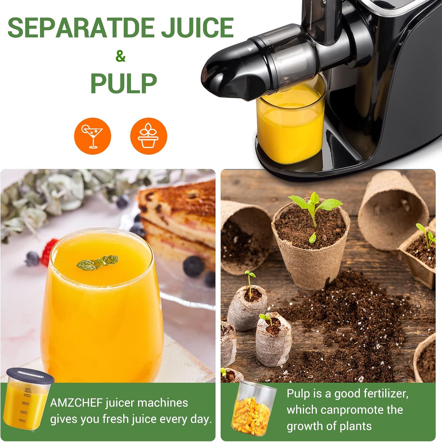 Amzchef Spremiagrumi Frutta e Verdura - Slow Juicer Nero - immagine 4
