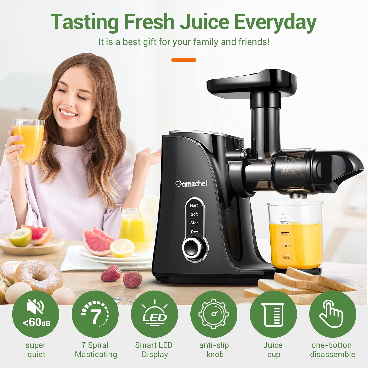 Amzchef Spremiagrumi Frutta e Verdura - Slow Juicer Nero - immagine 7